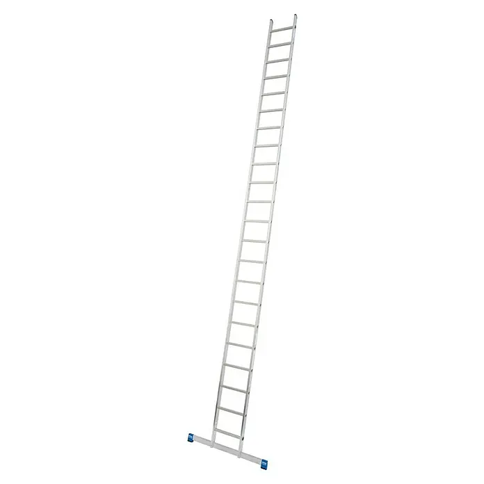Krause Stabilo Anlegeleiter - Anzahl Tritte: 22 Stk., Arbeitshöhe: 7,1 m, Aluminium - Eine lange, silberne Leiter mit stabilen Sprossen und breiten Füßen für sicheren Stand, ideal für Arbeiten in großer Höhe.