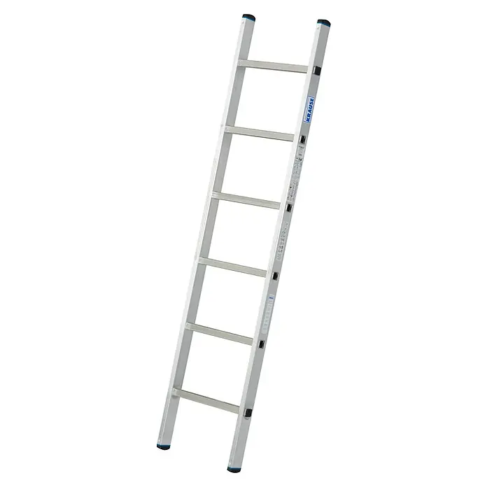 Krause Stabilo Anlegeleiter - Anzahl Tritte: 6 Stk., Arbeitshöhe: 2,8 m, Aluminium - Eine silberne Krause Stehleiter mit sechs Stufen, ideal für den professionellen und privaten Gebrauch, auf schwarzem Hintergrund.