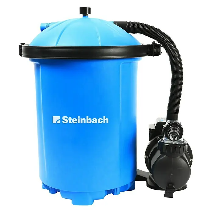 Steinbach Pool-Filteranlage Active Balls 75 - Passend für Poolgröße: 16.000 l, Filterleistung: 6.500 l/h - Ein Steinbach-Poolfiltersystem, bestehend aus einem blauen Filterbehälter und einer schwarzen Pumpe, verbunden durch einen Schlauch.