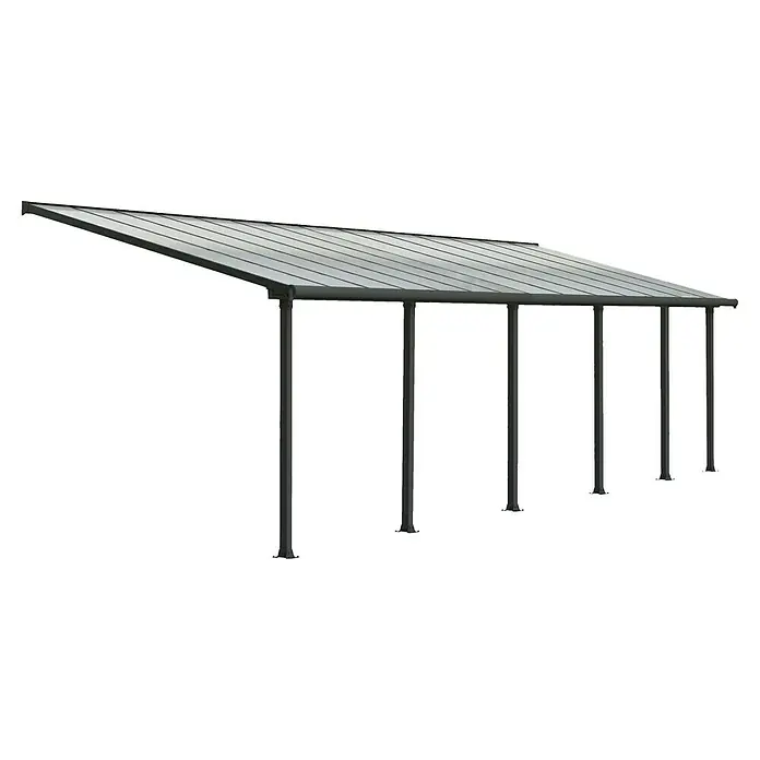 Palram – Canopia Terrassenüberdachung Olympia - B x T: 850 x 300 cm, Anthrazitgrau, Polycarbonat, Transparent - Bild einer modernen Terrassenüberdachung mit grauen Metallpfosten und einem transparenten Dach.
