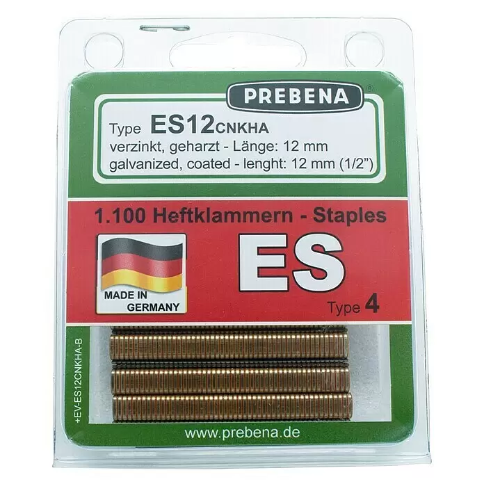 Prebena Heftklammer Typ ES - Länge: 12 mm, Rückenbreite: 6 mm, 1.100 Stk. - PREBENA Heftklammern, 1.100 Stück, verzinkt und geharzt, 12 mm lang, in Blisterverpackung.