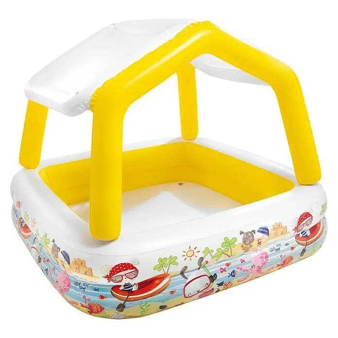 Intex Planschbecken Sun Shade - 157 x 157 x 122 cm, Fassungsvermögen: 295 l - Ein aufblasbares Planschbecken mit gelben Stützen und einem weißen Dach. Das Becken ist mit Strandmotiven verziert.