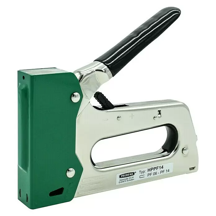 Prebena Kombi-Handtacker - Klammertiefe: 6 mm - 16 mm, Metall - Grüner und silberner Handtacker aus Metall mit schwarzem Griff, beschriftet mit PREBENA HPPF14.