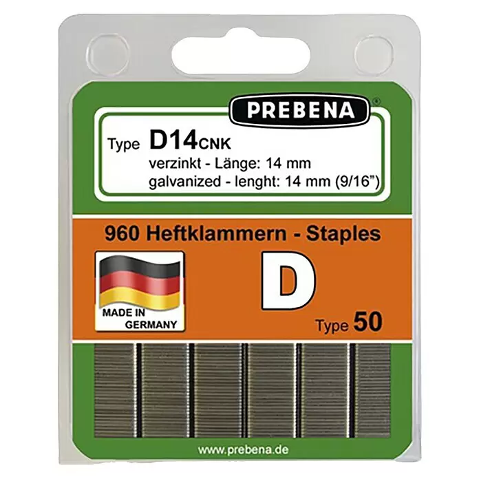 Prebena Heftklammer Typ D - Länge: 14 mm, Rückenbreite: 12,5 mm, 960 Stk. - PREBENA D14CNK verzinkte Heftklammern, 14mm, Typ 50, 960 Stück, in grün-oranger Verpackung.