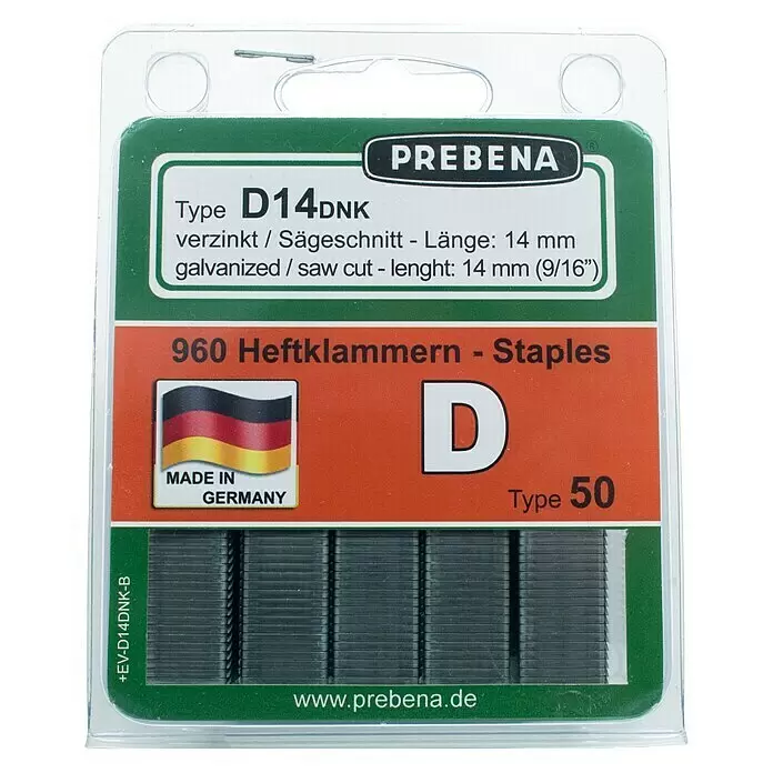 Prebena Heftklammer D14DNK-B - Länge: 14 mm, Rückenbreite: 12,5 mm, 960 Stk. - PREBENA verzinkte D14DNK Heftklammern, 960 Stück, 14mm Länge, Typ 50.