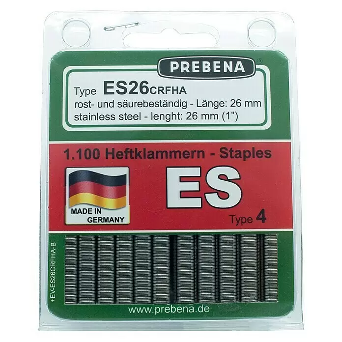 Prebena Heftklammer Typ ES - Länge: 26 mm, Rückenbreite: 6 mm, 1.100 Stk. - Prebena ES26CRFHA Edelstahl-Heftklammern, 1.100 Stück, 26mm Länge, Typ 4 ES, in Blisterverpackung.