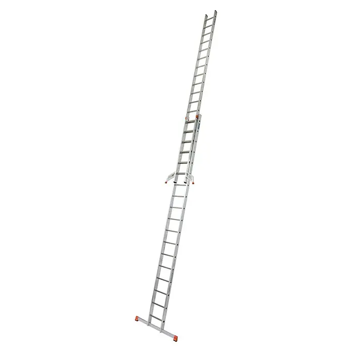 Krause Monto Schiebeleiter Fabilo - Anzahl Tritte: 36 Stk., Arbeitshöhe: 9,85 m, Aluminium - Eine ausziehbare Aluminiumleiter mit orangefarbenen Akzenten vor einem schwarzen Hintergrund. Die Leiter ist hoch und stabil.