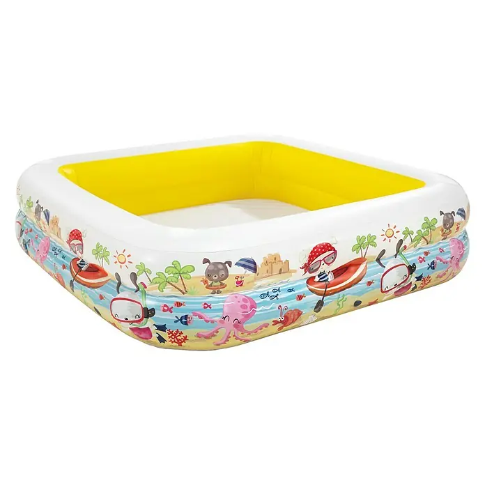 Intex Planschbecken Sun Shade - 157 x 157 x 122 cm, Fassungsvermögen: 295 l - Quadratisches Planschbecken mit gelbem Rand und niedlichen Tiermotiven für Kinder.