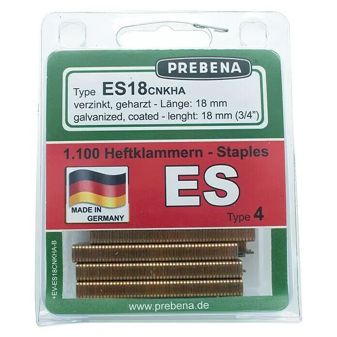 Prebena Heftklammer Typ ES - Länge: 18 mm, Rückenbreite: 6 mm, 1.100 Stk. - PREBENA ES18CNKHA verzinkte, geharzte Klammern, 18mm lang, 1100 Stück, bronze.