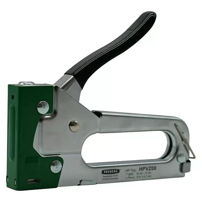 Prebena Handtacker - Passend für: Prebena Heftklammern der Type VZ von 6 - 8mm - Grüner und silberner Handtacker mit schwarzem Griff zum Befestigen von Materialien.