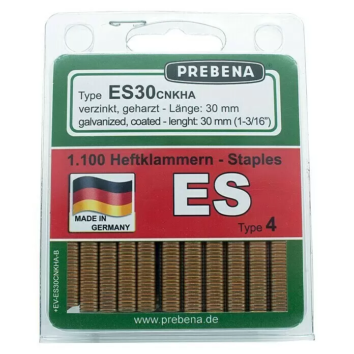 Prebena Heftklammer Typ ES - Länge: 30 mm, Rückenbreite: 6 mm, 1.100 Stk. - Prebena ES30CNKHA Heftklammern, 1.100 Stück, verzinkt und geharzt, 30mm Länge.