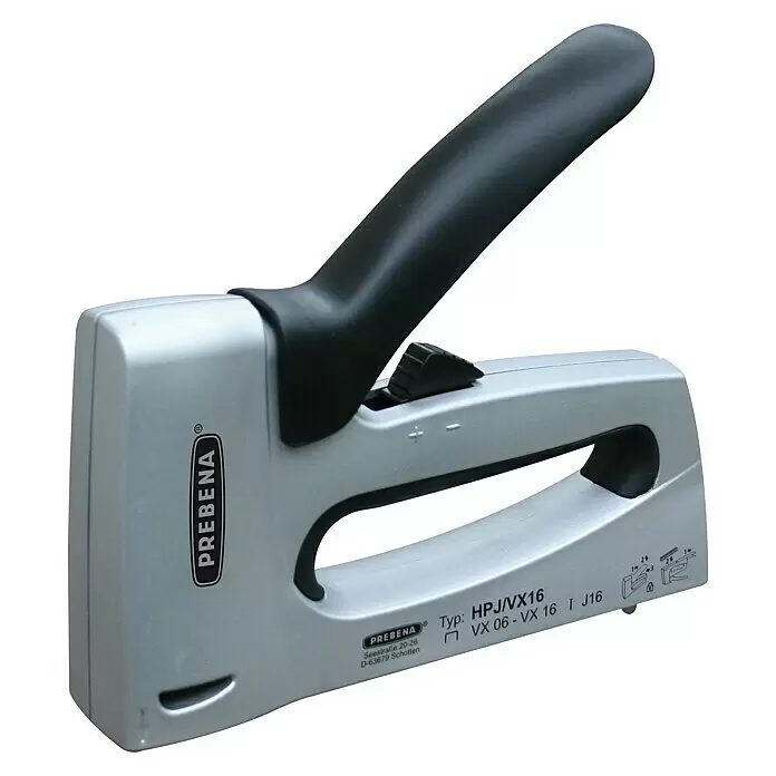 Prebena Kombi-Handtacker - Aluminium, 179 x 35 x 150 mm - Silberne Tackermaschine mit schwarzem Griff.