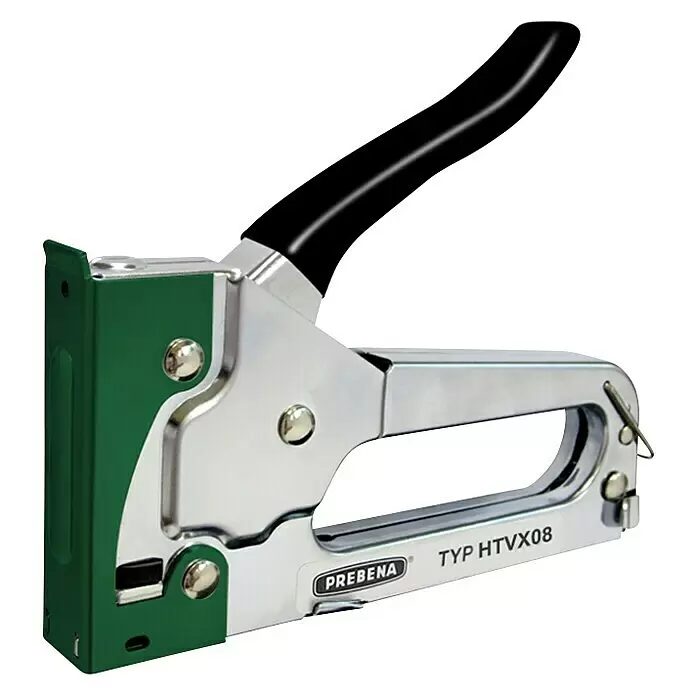 Prebena Handtacker - Passend für: Prebena Heftklammern der Type VX von 6 - 8 mm - Grüne und silberne Handtacker mit schwarzem Griff.