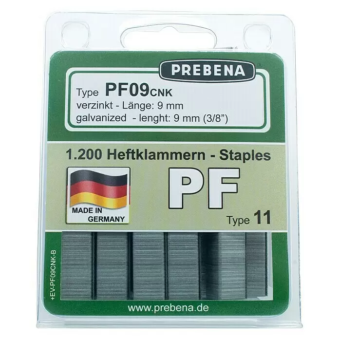 Prebena Heftklammer Typ PF - Länge: 9 mm, Rückenbreite: 10,6 mm, 1.200 Stk. - PREBENA PF09CNK verzinkte Heftklammern, 9mm Länge, 1.200 Stück. Hergestellt in Deutschland.