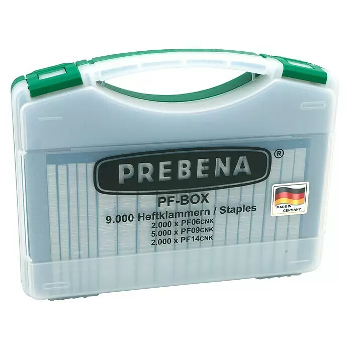 Prebena Heftklammer PF-Box - Länge: 14 mm, Rückenbreite: 10,55 mm, 9.000 Stk. - Transparente PREBENA PF-BOX mit grünem Griff, gefüllt mit 9.000 Heftklammern verschiedener Größen.