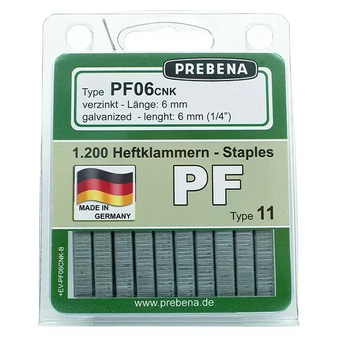 Prebena Heftklammer Typ PF - Länge: 6 mm, Rückenbreite: 10,6 mm, 1.200 Stk. - PREBENA PF06CNK verzinkte Heftklammern, 6mm Länge, Typ 11, 1.200 Stück in Blisterverpackung.