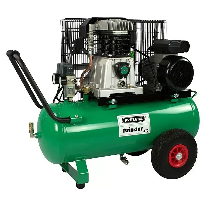 Prebena Kompressor Twinstar 470 - 50 l, Max. Druck: 10 bar - Grüner PREBENA Twinstar 470 Kompressor mit schwarzen Rädern, Griff und silberner Motoreinheit, geschützt durch ein schwarzes Metallgitter.