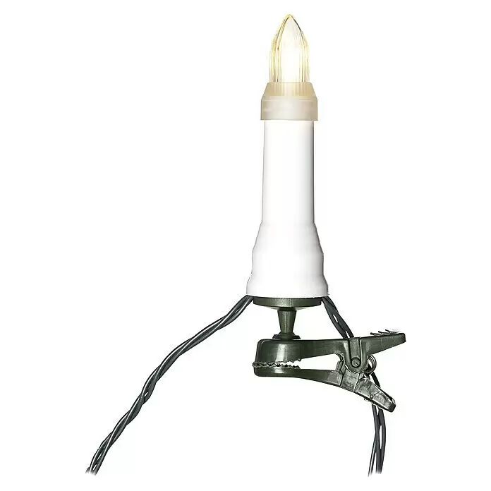 Konstsmide LED-Weihnachtskerzen - 21,8 mm, Weiß, Lichtfarbe: Bernstein, 25 Stk., IP44 - Weiße Weihnachtskerzenlampe mit klarer Birne, grünem Clip und dunklen Kabeln.