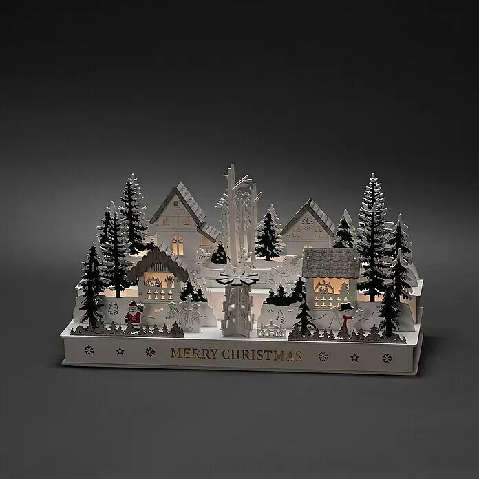 Konstsmide LED-Holzsilhouette Weihnachtsdorf - 45 x 16 x 23 cm, Batteriebetrieben, Warmweiß, 0,72 W - Stimmungsaufnahme