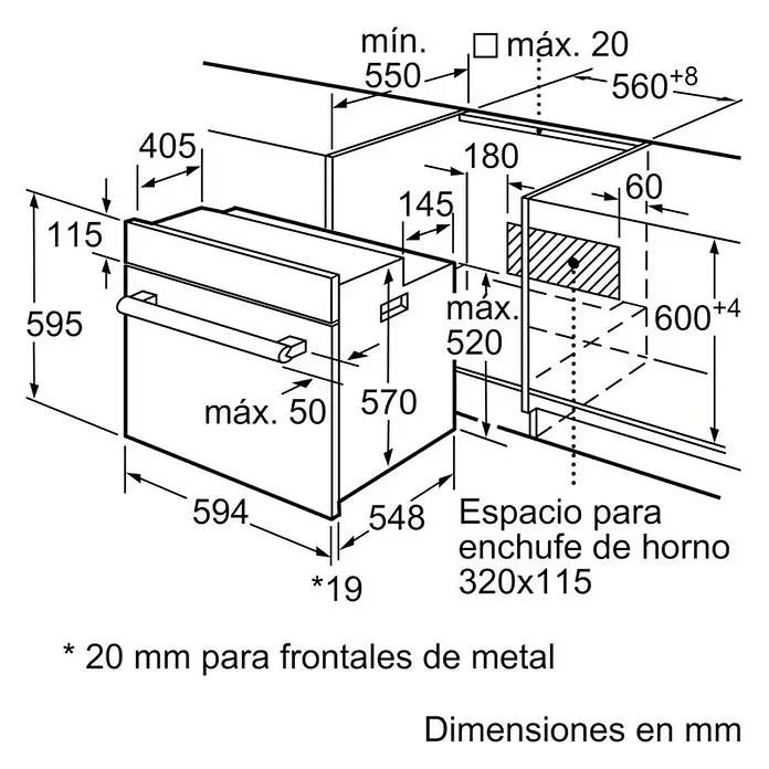 Balay Horno empotrado 3HB2010X0 - Volumen horno: 66 l, Número de tipos de calentamiento: 5 ud. - Ilustración de un horno empotrable con dimensiones para la instalación en una unidad de cocina, incluidas las medidas para enchufes.