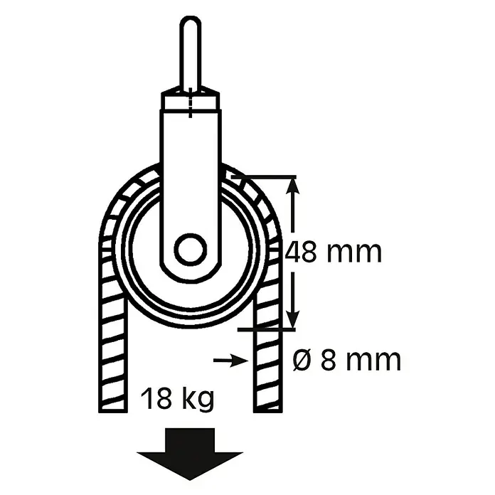 HBS Betz Seilrolle - Typ: Waschseilrolle, Polyamid, Traglast: 18 kg, Durchmesser: 48 mm, 1 Stk. - Darstellung einer Umlenkrolle mit Maßen und einer Gewichtsangabe von 18 kg für Lasten.