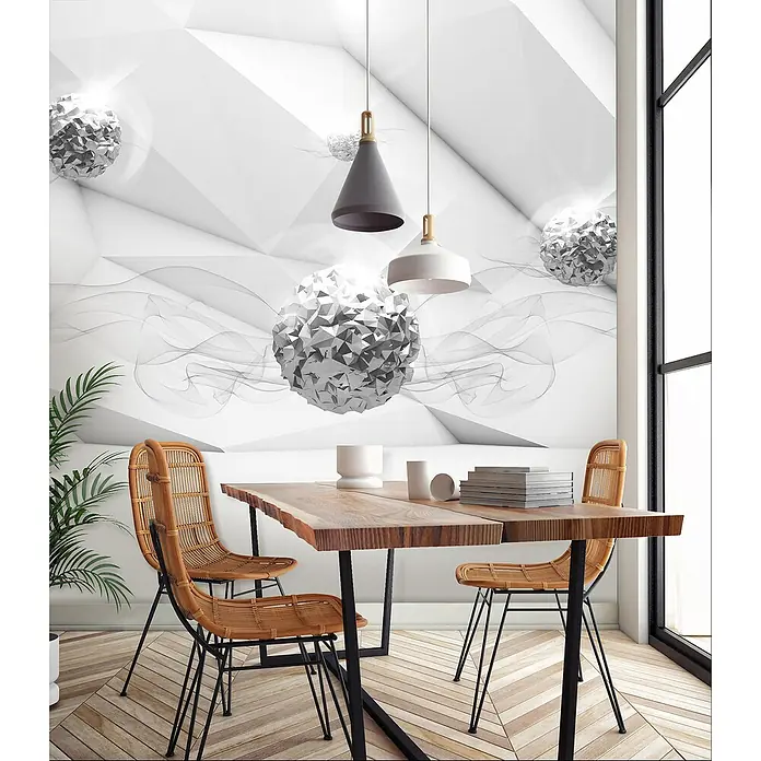 Fototapete SilberkugelnB x H: 312 x 219 cm, Vlies - Eine moderne Essgruppe mit einem Holztisch und Rattanstühlen vor einer abstrakten Wand. Das natürliche Holz und Rattan sorgen für Wärme.