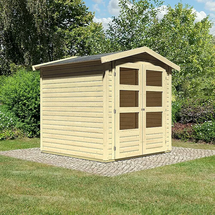 Karibu Gartenhaus Amberg - Außenmaß inkl. Dachüberstand (B x T): 213 x 197 cm, Holz, Natur - Bild eines hellen Holzgartenhauses mit Doppeltüren und kleinen Fenstern auf gepflastertem Untergrund.