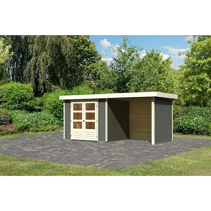 Karibu Gartenhaus Askola 3 - Außenmaß inkl. Dachüberstand (B x T): 491 x 238 cm, Holz, Terragrau, Elfenbeinweiß, Mit Anbaudach, Rück- und Seitenwand - Ein Gartenhaus mit Doppeltür und offenem Anbau, ideal für Gartengeräte und als Wetterschutz. Graue Holzverkleidung und helle Akzente.