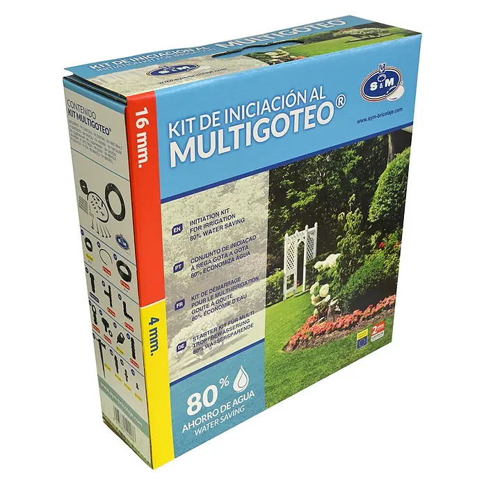 Set de iniciación inicio multigoteo - Apto para: Microriego - Imagen del embalaje del kit de riego S&M Multigoteo, que muestra información sobre el contenido y el ahorro de agua.