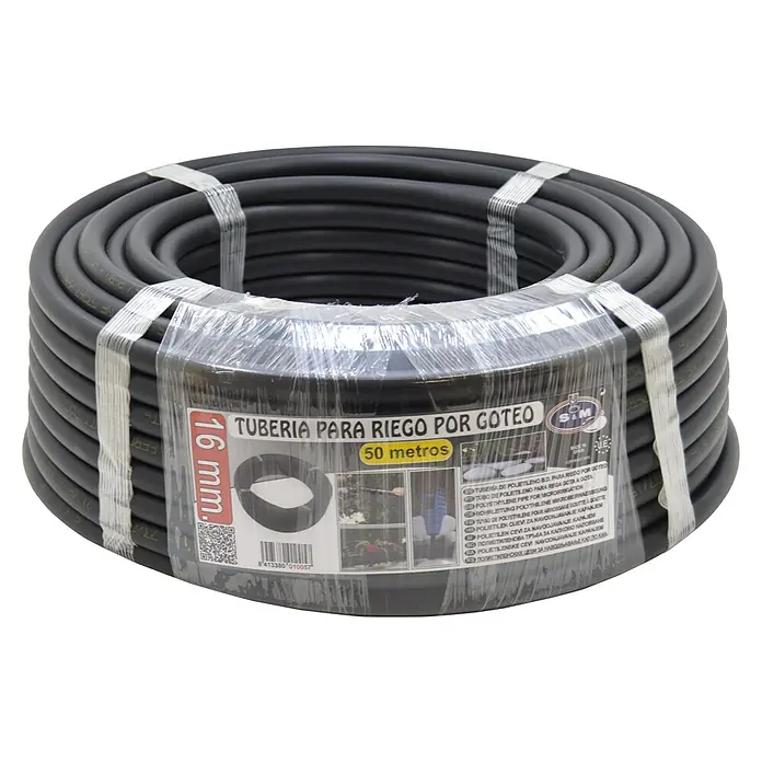 Tubo PE goteo - Ø x L: 16 mm x 50 m, Plástico - Tubo de irrigación negro enrollado, marcado como 16mm, para riego por goteo, con una etiqueta que indica 50 metros de longitud.
