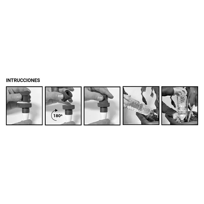 Sistema de irrigación especial vacaciones - Plástico, 4 pzs. - Instrucciones de montaje para el accesorio de riego automático que se enrosca en una botella de agua para regar las plantas.