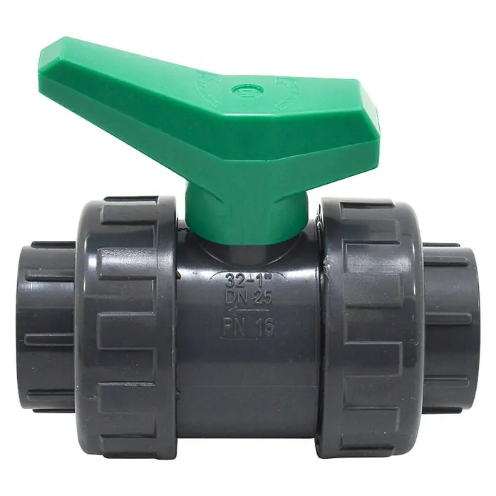 Válvula esférica de rosca 1" - Polietileno - Válvula de bola de PVC gris con manija verde y conexión roscada. La válvula es adecuada para aplicaciones de agua industriales y domésticas.