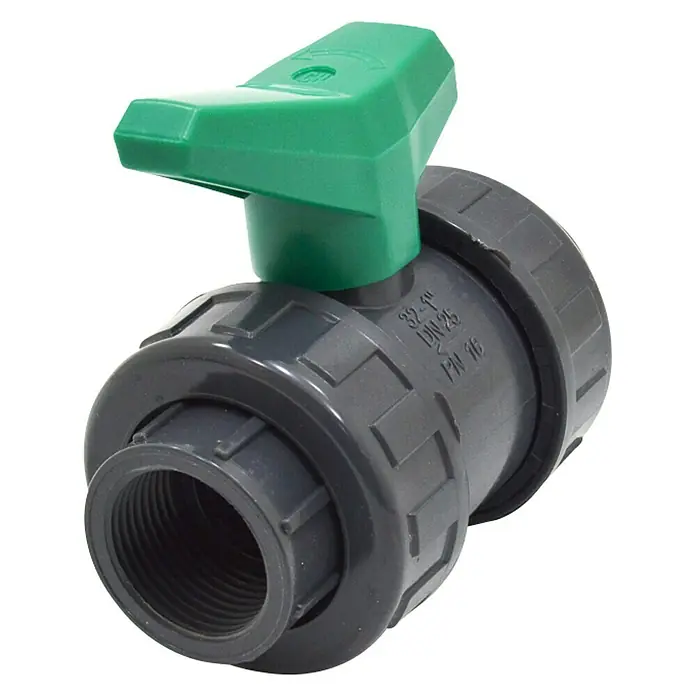 Válvula esférica de rosca 1" - Polietileno - Válvula de bola de PVC gris con mango verde para el control del agua, duradera y fiable. Perfecta para instalaciones de riego y fontanería.