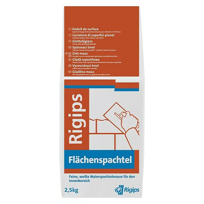 Rigips Flächenspachtel - 2,5 kg - Rigips Flächenspachtel, eine feine, weiße Malerspachtelmasse für den Innenbereich, ideal für glatte Oberflächen.