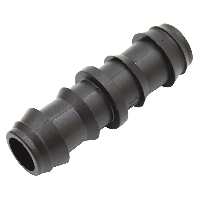 Conector para tubo de goteo - 16 mm, 3 ud. - Primer plano de un conector de manguera de plástico negro, diseñado para unir dos mangueras. El producto es robusto y fácil de instalar.