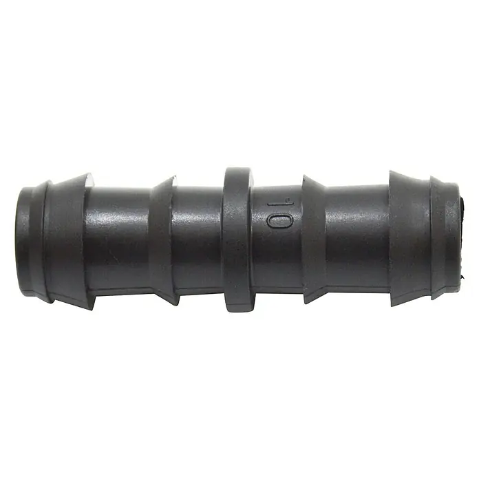 Conector para tubo de goteo - 16 mm, 3 ud. - Imagen de un conector de manguera recto hecho de plástico negro, utilizado para reparaciones o extensiones de mangueras.