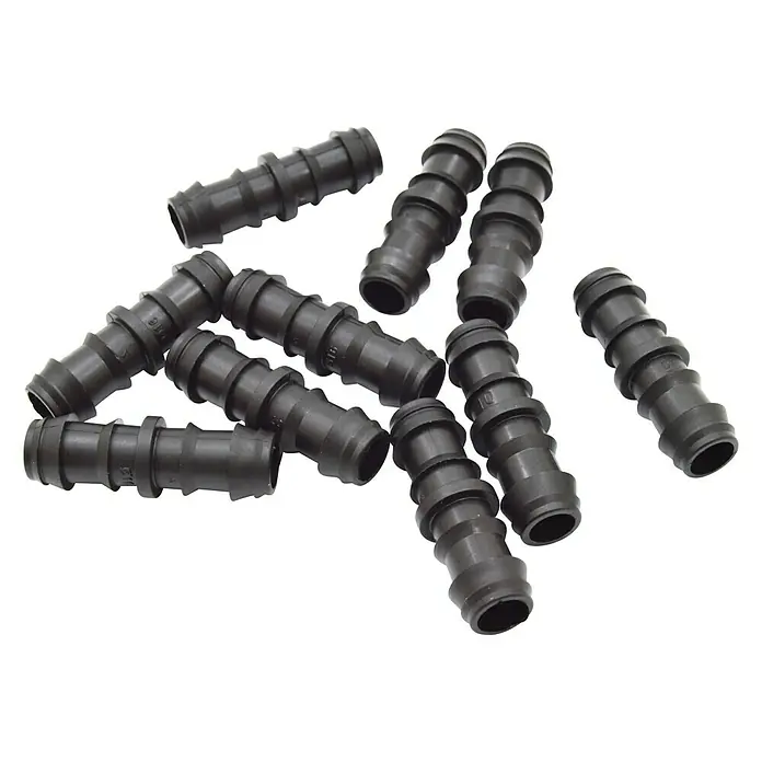 Conector para tubo de goteo - 16 mm, 50 ud. - Un grupo de conectores de manguera de plástico negro utilizados para sistemas de riego o aplicaciones similares. Ideal para proyectos de fontanería.