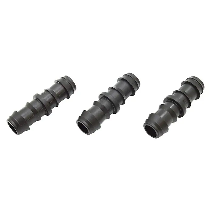 Conector para tubo de goteo - 16 mm, 3 ud. - Tres conectores de manguera de plástico negro, diseñados para unir mangueras en sistemas de riego o aplicaciones similares, garantizando un sellado estanco.