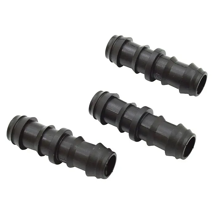 Conector para tubo de goteo - 16 mm, 3 ud. - Imagen de tres conectores de manguera negros, utilizados para conexiones seguras de manguera.