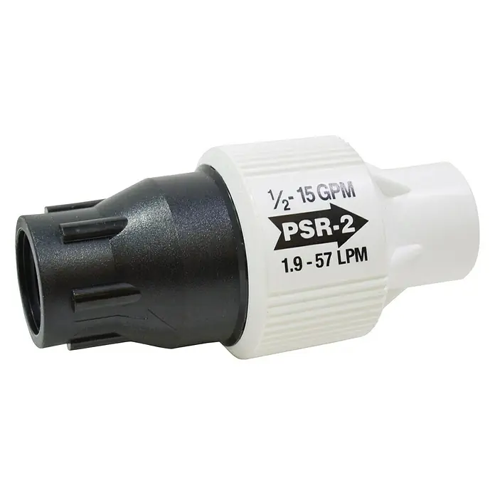 Reductor de presión multigoteo - ¾″, Presión máxima: 7 At - La válvula de control de flujo PSR-2 para un rango de flujo de ½-15 GPM (1.9-57 LPM) en blanco y negro.