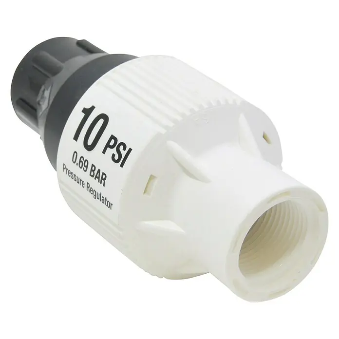 Reductor de presión multigoteo - ¾″, Presión máxima: 7 At - Regulador de presión, 10 PSI, 0,69 BAR. El regulador es blanco y negro y tiene una rosca. Reduce la presión en sistemas.