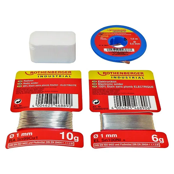 Rothenberger Industrial Set radio eléctrico - 4 pzs. - La imagen muestra una colección de productos de soldadura, incluyendo soldadura, malla de desoldadura y flujo de Rothenberger Industrial.