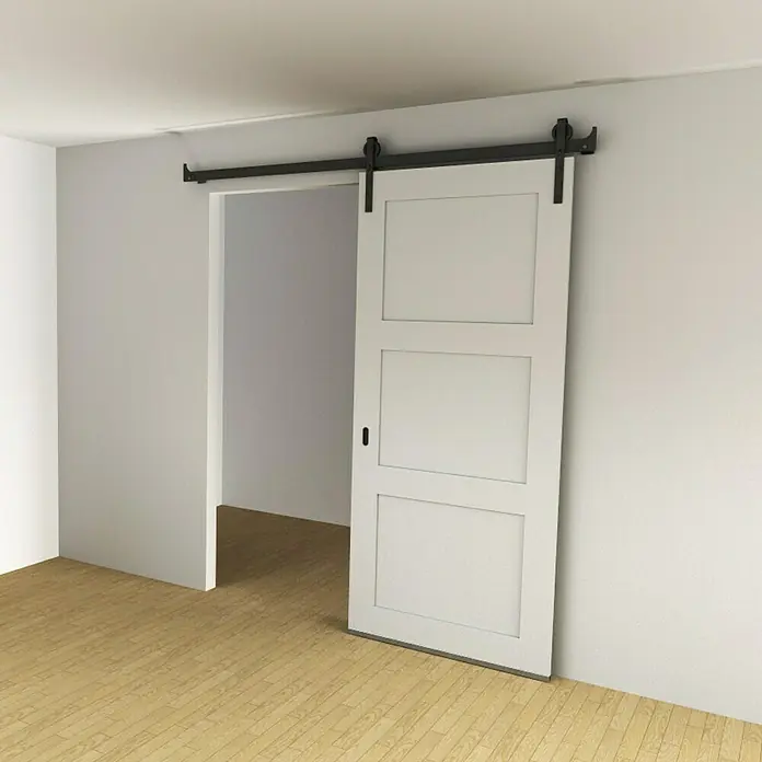 HBS Betz Schiebetürbeschlag - 185 cm, Traglast: 80 kg, Einsatzbereich: Zimmerschiebetüren - Elegante weiße Schiebetür mit schwarzer Schiene. Perfekt für moderne Innenräume und platzsparende Lösungen mit ihrem stilvollen Design.