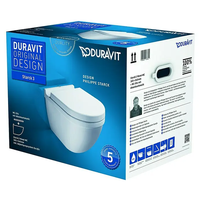 Duravit Starck 3 Wand-WC-Set - Mit Spülrand, Ohne Spezialglasur, Spülform: Tief, WC Abgang: Waagerecht, Sichtbarkeit Befestigung: Verdeckt - Bild einer Duravit Starck 3 Wand-WC-Verpackung. Das WC zeichnet sich durch sein Originaldesign und hochwertige Materialien aus.