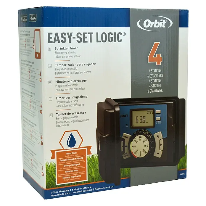 Orbit Programador de riego Easy Set Logic 4 - Tiempo de riego: 1 min - 99 min - Temporizador de riego Orbit Easy-Set Logic para una fácil programación y montaje interior/exterior con 4 estaciones.