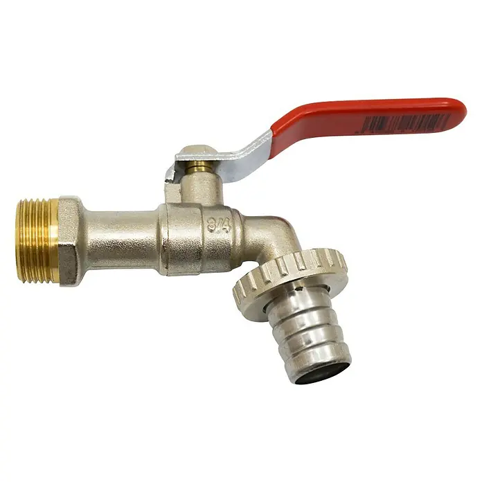 Llave de paso Rápido - Conector rápido, Dimensión conexión: ¾″, Rojo - Primer plano de un grifo de agua de 3/4 de pulgada con mango rojo, ideal para jardín o uso exterior. Construcción robusta de latón con conexión roscada.