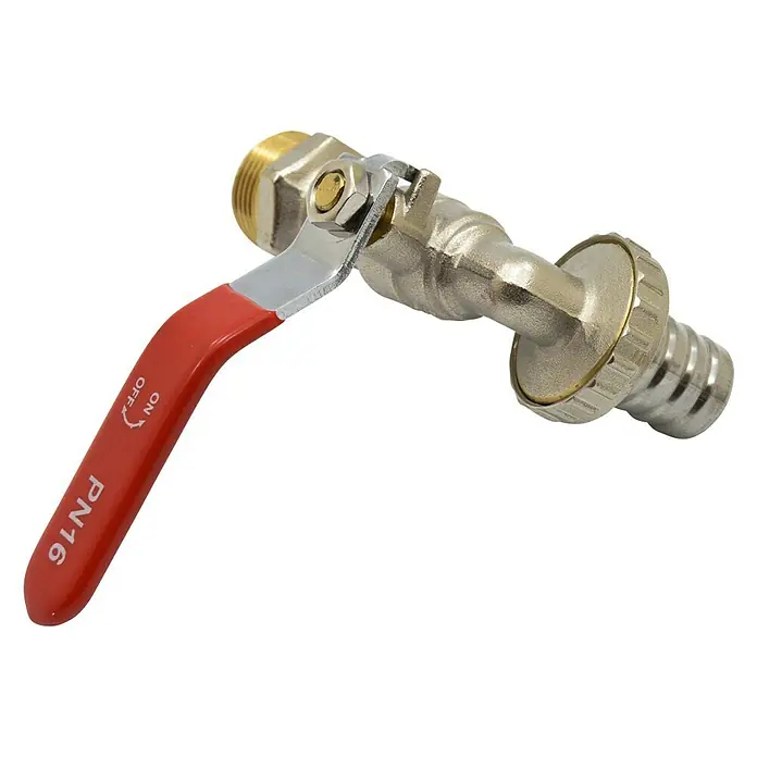 Llave de paso Rápido - Conector rápido, Dimensión conexión: ¾″, Rojo - Primer plano de una válvula de cierre con mango rojo etiquetado "ON" y "OFF", acompañado de una marca "PN16".