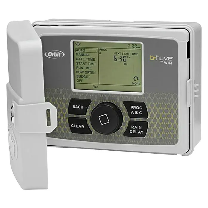 Orbit Programador de riego - 6 programas - Temporizador de riego inteligente Orbit b-hyve con pantalla y botones para una fácil programación del riego del jardín.