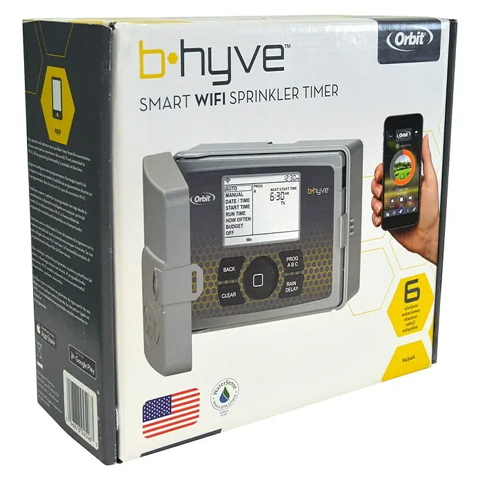 Orbit Programador de riego - 6 programas - Embalaje del B-hyve Smart WiFi Sprinkler Timer de Orbit. El temporizador controla sistemas de riego de forma inteligente a través de la app.