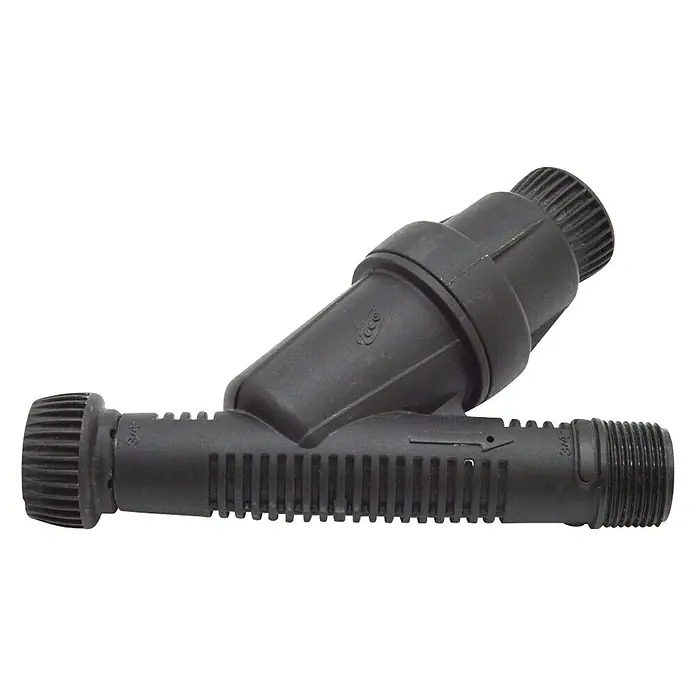 Filtro reductor de presión - ¾″ - Filtro Y negro con conexiones de 3/4 de pulgada para sistemas de riego, ideal para filtrar impurezas.